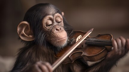 Young primate expresses deep concentration while playing a stringed musical instrument