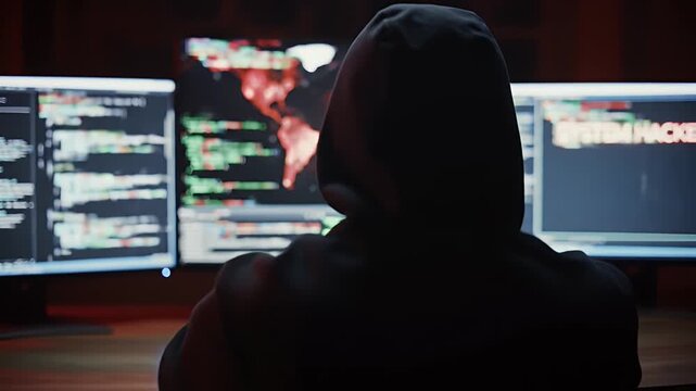 Anonymous Hacker In Dark Room Operating Multiple Computers Displaying Global Network Attack And System Hacked Message