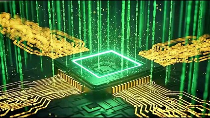 Digital Processor Core Powering Up Abstract Microchip Working Data Flow Streams Green Futuristic Computer Technology High Speed Communication Digital Motherboard Circuit Board Close Up Dynamic Clip
