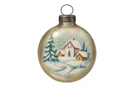 Vintage christmas ornament depicting a snowy winter village scene with houses and evergreen trees