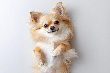 仰向けに寝転んで見つめるチワワ
