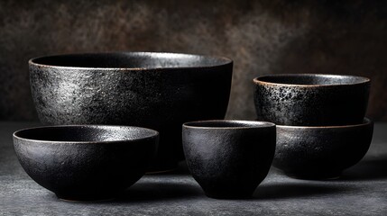 Assortment of dark, textured ceramic tableware items displayed in a still life arrangement
