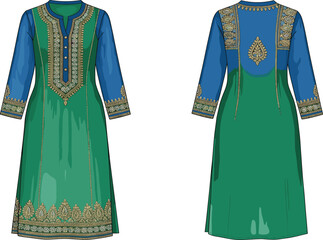 Traditional Kurta Design &mdash; long kurta with embroidery details, front and back view, cultural fashion illustration