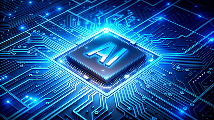 AI chip on a circuit board glowing blue representing artificial intelligence and machine learning