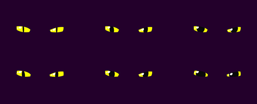 Set of yellow almost closed glowing eyes dark background fantasy magic cartoon animal reptile feline mammal monster demon dragon shiny pupil vector illustration