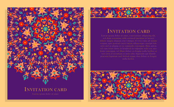 Colorful ornamental invitation card with floral mandala pattern. Decorative luxury design in traditional eastern style for wedding, greeting, festive invitation template, Eid, Ramadan, celebrations.