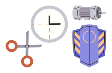 Clock with segmented outline, scissors, mechanical motor, and shield. Ideal for time management, precision, machinery, defense strategy innovation teamwork. Modern and simple flat metaphor