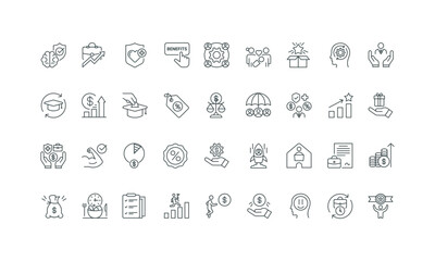 Mental health care, ESOP, meal break and bonuses thin black and red outline symbols vector illustration Employee benefits and incentives, financial compensation, gifts and perks line icon set.