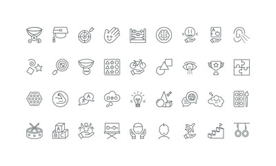 Montessori school and childcare, game and therapy thin black and red outline symbols vector illustration Early child education in kindergarten, brain and memory, sensory development line icon set.