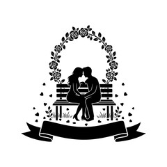 Vector art of romantic couple silhouette on bench under floral arch