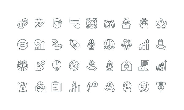 Mental health care, ESOP, meal break and bonuses thin black and red outline symbols vector illustration Employee benefits and incentives, financial compensation, gifts and perks line icon set.