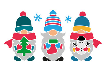 Three winter gnomes in hats and scarves vector illustration. Cute Christmas design for prints, invitations, greeting cards, banners, posters. Template for plotter cutting