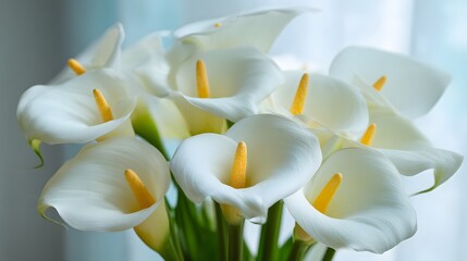 Obraz premium Group of white, trumpet-shaped blossoms featuring bright yellow central spikes is prominently displayed.
