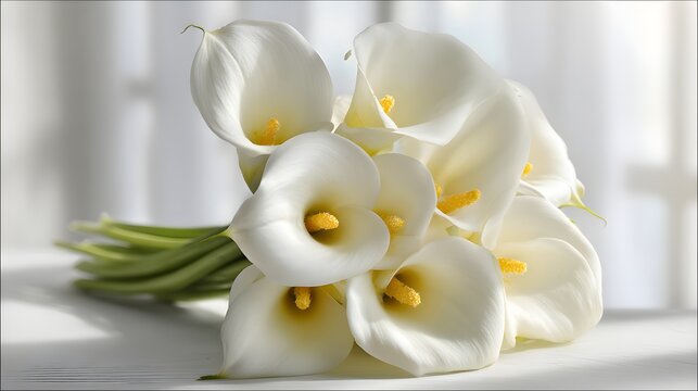 Group of pure white calla lilies arranged as a bouquet resting on a bright surface.