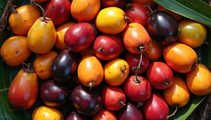 Bunch of oil palm fruit in various colors includes yellow orange and red. Harvested fruits have stems and are arranged on green leaves. Some fruits are cut showing seeds and pulp.
