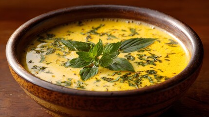 Creamy yellow soup garnished with fresh mint sprigs and chopped herbs served in an earthy stoneware bowl