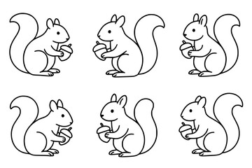 Illustration of 6 Squirrel Holding a Nuts, outline version