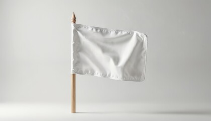 Blank white flag on wooden pole stands against clean grey studio background. Empty fabric banner template ready for corporate branding, political protest, sports event promotion, surrender symbol.