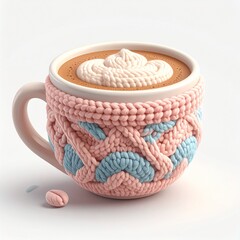 Cozy Coffee Cup with Knit Sweater and Whipped Cream, Isolated on White