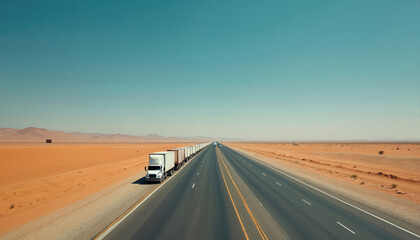 Long line shipping trucks on desert highway. Vehicles transport goods along empty roadway. Trucks in arid landscape under sunny sky. Freight movement across barren land.