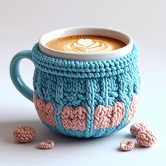 Cozy Knitted Coffee Cup with Latte Art on White Background