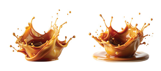 Golden Caramel Drizzle Splash: High-speed capture of golden caramel splash frozen mid-air, glossy texture, ultra-sharp lighting, artistic food motion composition, PNG style.