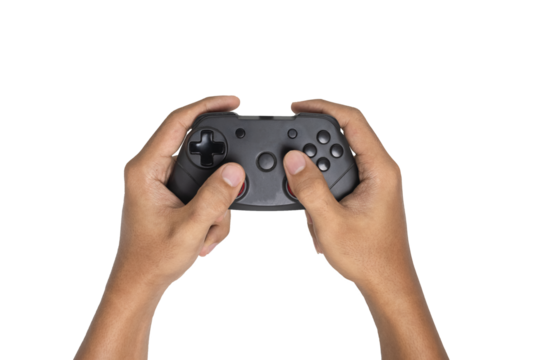 male hand holding black joystick controller isolated on white background