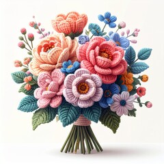 Colorful Crochet Flowers Bouquet, Handmade Knitted Floral Arrangement