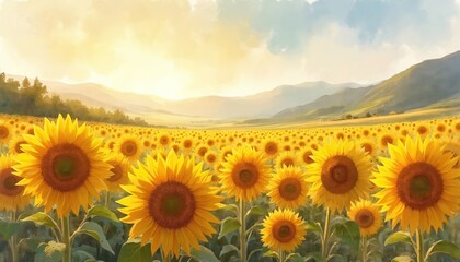 Vast sunflower field blooms under warm, cloudy sky. Mountains in background. Watercolor illustration shows nature, summer season, peace. Golden flowers radiate light, creating calm landscape painting.
