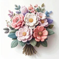 Elegant Crochet Flower Bouquet on White Background, Handmade Floral Art