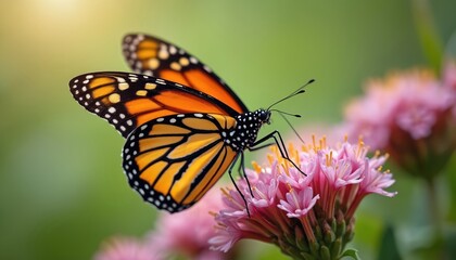 Monarch eats nectar on flower. Orange butterfly sits on pink flower collecting pollen. Insect with patterned wings in nature. Monarch butterfly is pollinator. Close-up shows animal wildlife, nature.
