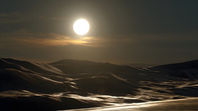 Brilliant celestial body illuminates undulating dark terrain under a twilight sky