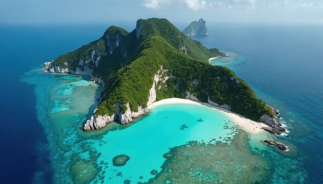 Aerial view of remote tropical island displays rich green mountains, white sand beach. Clear turquoise lagoon water clearly vibrant coral reefs below. Deep blue ocean surrounds scenic bay. Rocky