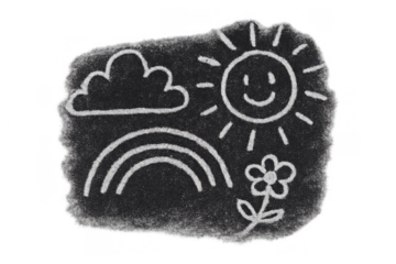 Children's chalk drawing showing sun, cloud, rainbow, flower on asphalt texture with transparent background