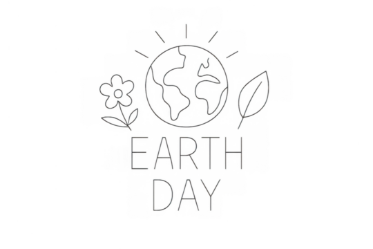 Earth day celebration concept featuring globe, flower, and leaf line drawing with text, transparent background - Powered by Adobe