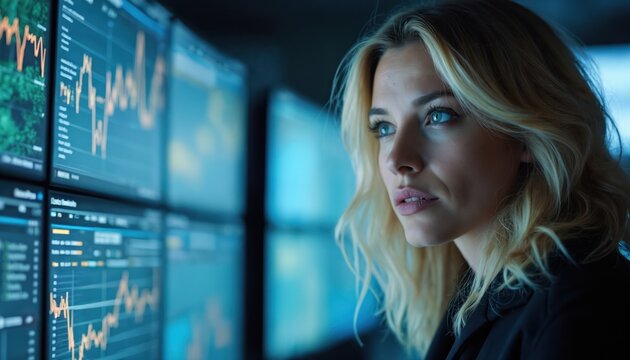 Blonde woman monitors live data on multiple digital screens. Deeply analyzes complex graphs, charts, trends in dark, high-tech control room. Pro female works focused on critical information,