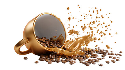 3d coffee cup icon with spilled coffee drops, background isolated on a Transparent background, PNG file.