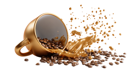 3d coffee cup icon with spilled coffee drops, background isolated on a Transparent background, PNG file.