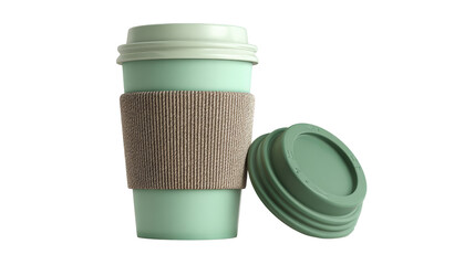 3d coffee cup icon with to-go lid and sleeve, isolated on a Transparent background, PNG file.