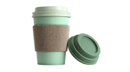 3d coffee cup icon with to-go lid and sleeve, isolated on a Transparent background, PNG file.