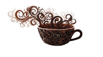 3d coffee cup with artistic steam curls, background isolated on a Transparent background, PNG file.