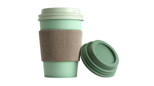 3d coffee cup icon with to-go lid and sleeve, isolated on a Transparent background, PNG file.