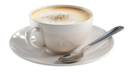 3d coffee cup with frothy milk and spoon on saucer, isolated on a Transparent background, PNG file.