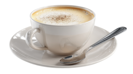 3d coffee cup with frothy milk and spoon on saucer, isolated on a Transparent background, PNG file.