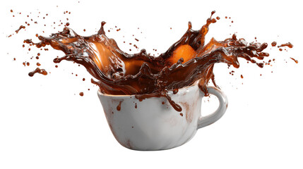 3d coffee cup with handle and splash effect, background isolated on a Transparent background, PNG file.