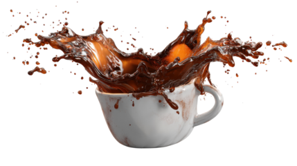 3d coffee cup with handle and splash effect, background isolated on a Transparent background, PNG file.