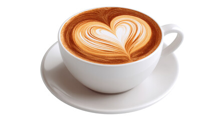 3d coffee cup with latte art heart shape, background isolated on a Transparent background, PNG file.