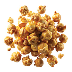 Caramel Popcorn Explosion: Burst of caramel-coated popcorn scattered mid-air, golden tones, sharp details and crisp texture PNG.