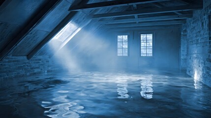 Eerie light streams through an attic skylight illuminating a floor covered in water