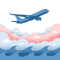 Fototapeta premium Blue passenger airplane flying above a wavy ocean with colorful pink and blue clouds